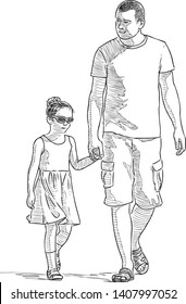 Father with his daughter strolling in a sunny summer day