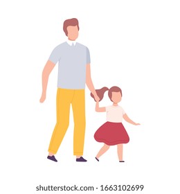 Father and His Daughter Walking Holding Hands, Parent and His Child Having Good Time Together Flat Vector Illustration