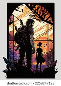 A father and his daughter walking in the woods, stained glass style, post-apocalyptic land, last of us