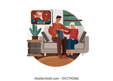 Father and his girl video calling to family member Vector Illustration concept. Flat illustration isolated on white background.
