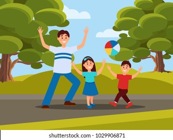 Father with his kids playing in ball. Family recreation in park. Fatherhood concept. Outdoor activity. Blue sky, big green trees and meadow on background. Flat vector design