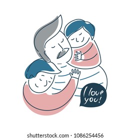 Father And His Kids. Vector Illustration For T-shirt Design, Card, Banner, Blog, Poster, Logo.