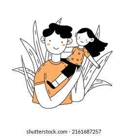 Father and his little daughter. Hand drawn vector illustration for t-shirt design, card, banner, blog, poster, logo, sticker Outline minimal illustration. Happy fathers day.