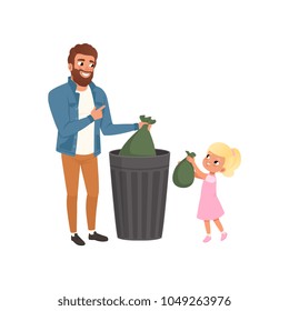 Father and his little daughter throwing garbage into a trash can together vector Illustration on a white background