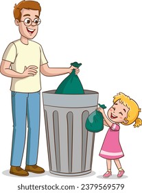 Father and his little daughter throwing garbage into a trash can together vector Illustration on a white background