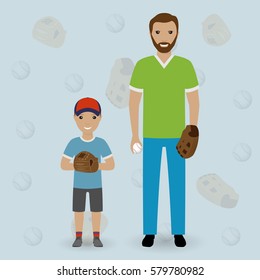 Father And His Little Son Going To Play Baseball. Dad And Kid Throw The Ball. Happy Family Concept. Flat Vector Illustration.