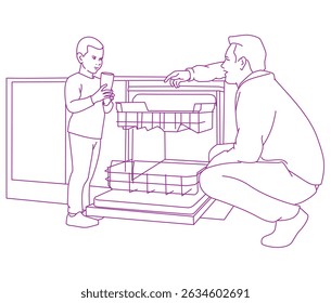 father and his little son using a dishwashing machine together at home