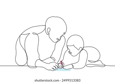 father with his little son who is drawing, both of them on the floor - one line art vector. concept of loving father with son, male nanny, babysitter, older brother. Handmade vector not AI