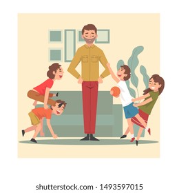 Father and His Mischievous Children, Happy Kids Having Fun at Home, Naughty, Rowdy Children, Bad Child Behavior Vector Illustration