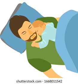 Father and his newborn baby are sleeping together. Single dad with his son  baby in flat design concept vector illustration on white background.