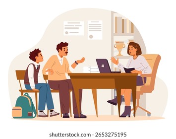 Father with his primary school student son talking to school principal in her office flat vector illustration.