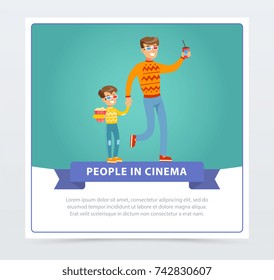 Father and his son in 3d glasses with popcorn going to the movie, people in cinema banner flat vector elements for website or mobile app