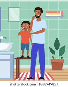 Father and his son brushing their teeth together in the bathroom with the child standing on a stool, flat cartoon colored vector illustration