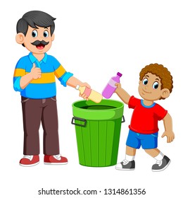  Father and his son collecting Rubbish plastic bottle