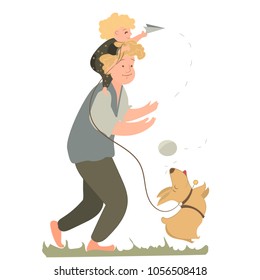 Father with his son and dog/ Family time, fun with Dad/ fathers day
