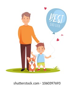 Father, his son and dog standing on green lawn with balloon. Happy father day design. Vector illustration
