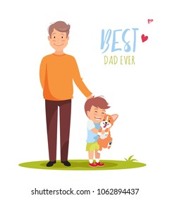 Father, his son and dog standing on green lawn. Happy father day card. Vector illustration