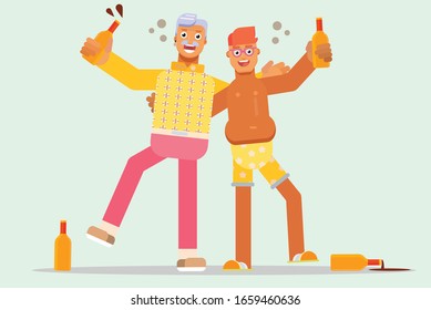 A father and his son drunk together in summer characters, Happy summertime theme. Simple vector illustration, this illustration can use as a sticker also.