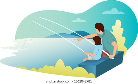 A father and his son are fishing lake fish. Perfect graphic for landing page
