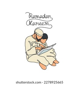 Father and his son learning of Quran during ramadhan time in continuous line art drawing style. design with Minimalist black linear design isolated on white background. Vector illustration