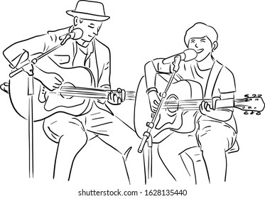 father and his son playing guitar together vector illustration sketch doodle hand drawn isolated on white background