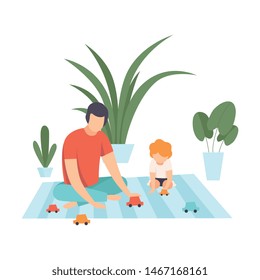 Father with His Son Playing with Toy Car, Family in Everyday Life at Home Vector Illustration