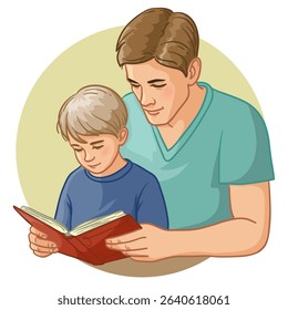 Father with his son reading together a book. Concept illustration of home education and leisure activity. Vector image isolated on white, esp10