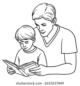 Pai com seu filho lendo juntos um livro, ilustração vetorial da educação domiciliar e atividade de lazer. 