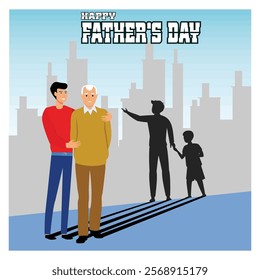 Father with his son and silhouettes of memories, celebrating family ties, generations and appreciation on Father's Day with an urban theme. Flat vector modern illustration 