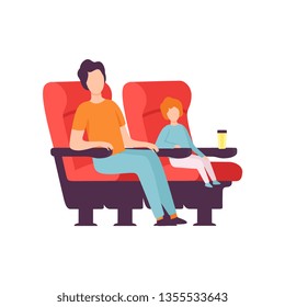 Father and His Son Sitting in Cinema Theatre and Watching Movie Vector Illustration