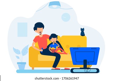 Vater mit seinem Sohn sitzt auf dem Sofa und sieht im Wohnzimmer fern. Gute Familie, die zu Hause bleibt und Zeit zusammen verbringt. Vektorillustration-Flachbild-Illustration