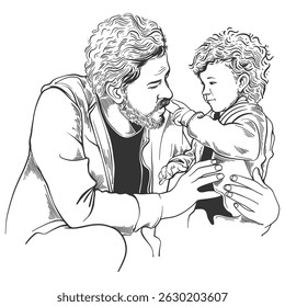 A father with his son in a sketch ink style . Fathers day illustration