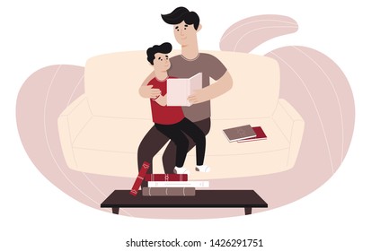 Father and his son spending time together. Dad reading books to his son. Caring father helping his child with school lessons. Adult teaches a kid. Loving family concept. Father's Day illustration.