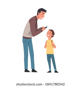 Father and His Son, Young Man Calling Taxi Car or Using Mobile Taxi Call Application Vector Illustration