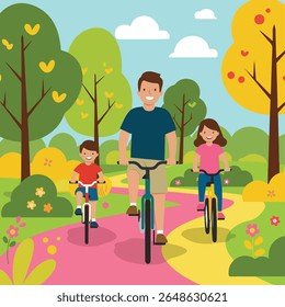 A father and his two children enjoy a bike ride through a park on a sunny day.