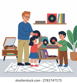 A father and his two children are looking through a collection of vinyl records on a shelf, with a record player nearby.