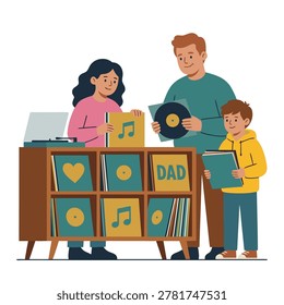 A father and his two children are looking through a large collection of vinyl records stored in a wooden cabinet.