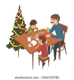 Father and His Two Sons Sitting at the Table and Making Paper Garland, Family Decorating Christmas Tree, Christmas Eve, New Year Celebration Vector Illustration