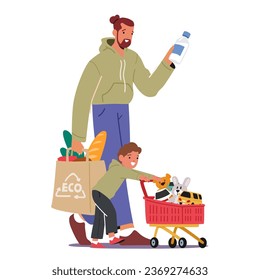 Father And His Young Son Characters Navigate The Supermarket Aisles, Their Shopping Cart Overflowing With Products And Toys, Creating A Scene Of Joy And Errands. Cartoon People Vector Illustration