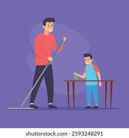 Father and his young son engaged in cleaning activity. Father holding mop while son adding cleaning solution to small table