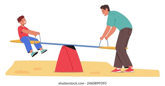 Father And His Young Son Family Characters Having Fun On Seesaw In A Playground. Joyful Play, Encapsulating A Perfect Moment Of Childhood Delight And Parental Care. Cartoon People Vector Illustration