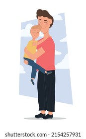 A father and his young son. Happy Father's Day. Cartoon flat vector illustration isolated on white background. Father hugging his son and holding him in his arms. Family concept