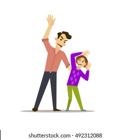 Father Hitting Young Daughter.Social problem. Family violence. Vector illustration of a flat design.