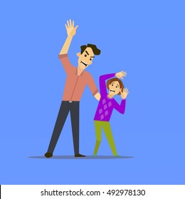 Father Hitting Young Daughter.Social problem. Family violence. Vector illustration of a flat design.