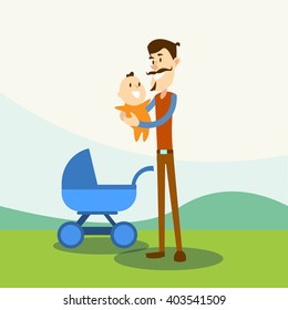 Father Hold Baby, Newborn Pram Nature Background Flat Vector Illustration