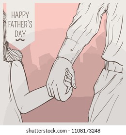 Father hold hands of daughter and walking back from city. Greeting Card for Father Day, Vector Illustration