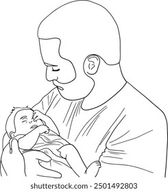 Father hold his newborn baby outline vector illustration. Daddy hold in arms his baby one line simple vector illustration isolated on white background. Happy Fathers Day concept.