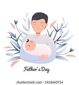 Father hold little sleeping child. Dad with baby. Man nurse toddler. Fathers day concept illustration. Parenting character vector clip art