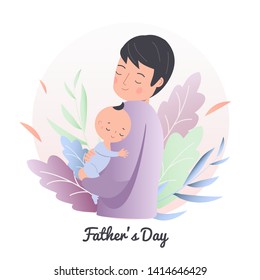 Father hold little sleeping child. Dad with baby. Man nurse toddler. happy fathers day concept illustration. Parenting character vector clip art