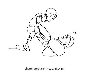 Father hold the young baby. Continuous line in concept of Father's Day isolated on white background.